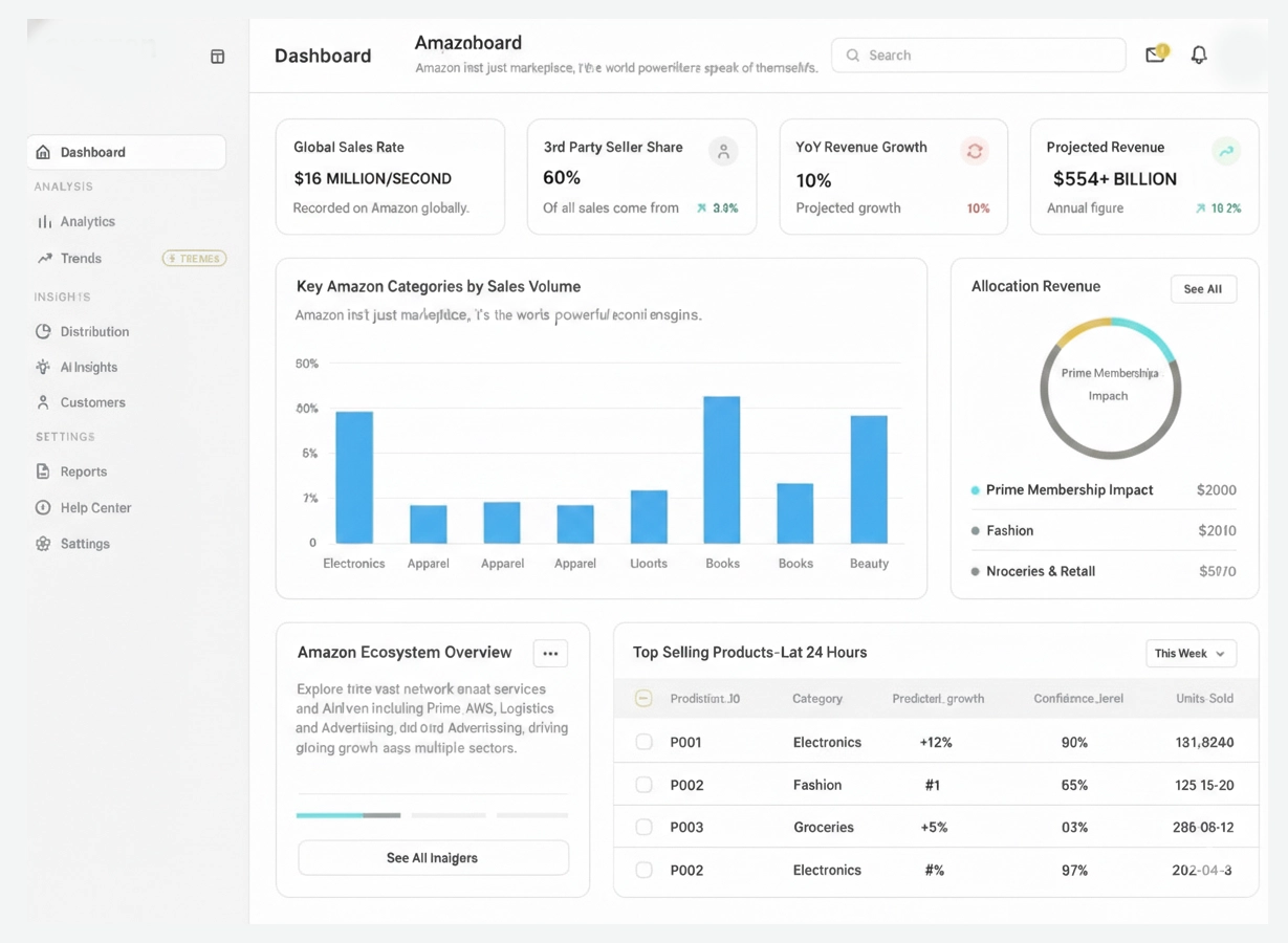 A comprehensive data dashboard displaying Amazon's 2023 statistics, featuring a $554 billion annual revenue figure, a 10% year-over-year growth rate, and a breakdown showing that 60% of sales come from third-party sellers.
