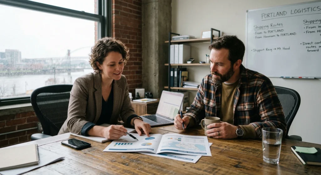 Logistics coordinators review a global distribution map for Amazon inbound inventory.