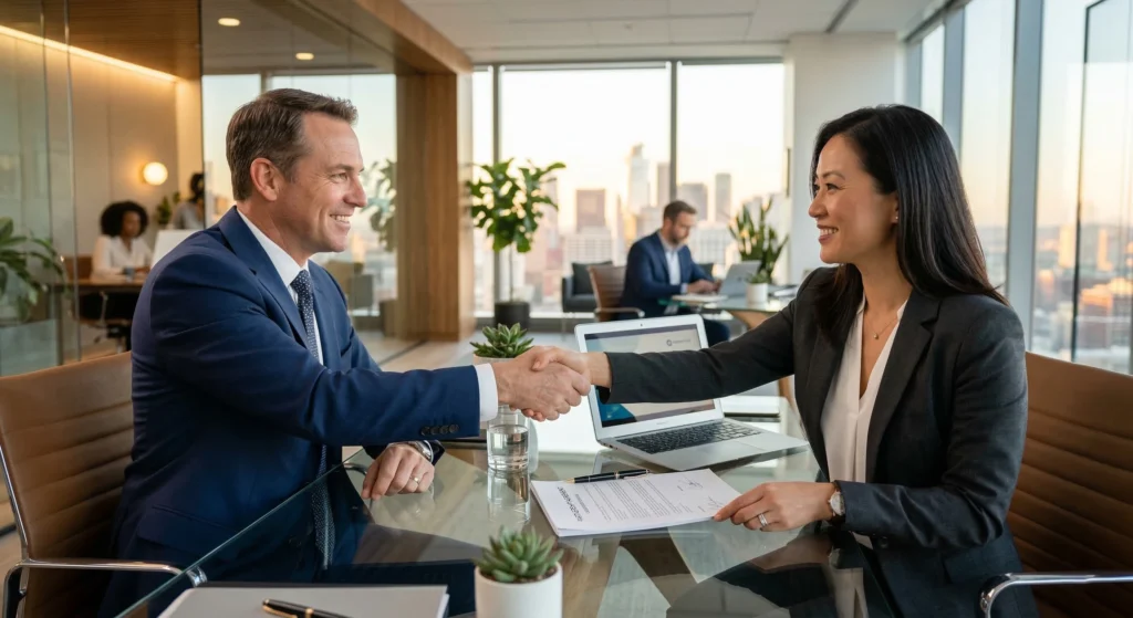 Two business professionals shaking hands across a desk to signify a strong partnership.