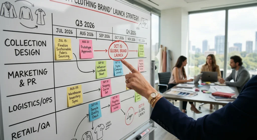 A close-up of a strategist's hand pointing at a clear glass whiteboard detailing a 2026 clothing brand launch plan. The board features a timeline with colorful sticky notes for collection design, marketing campaigns, and retail logistics leading to a global launch day on October 15th.
