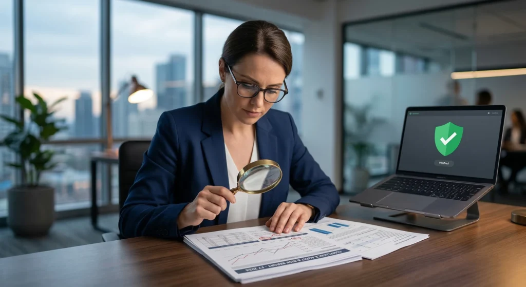 A professional closely inspecting documentation for compliance and governance standards.