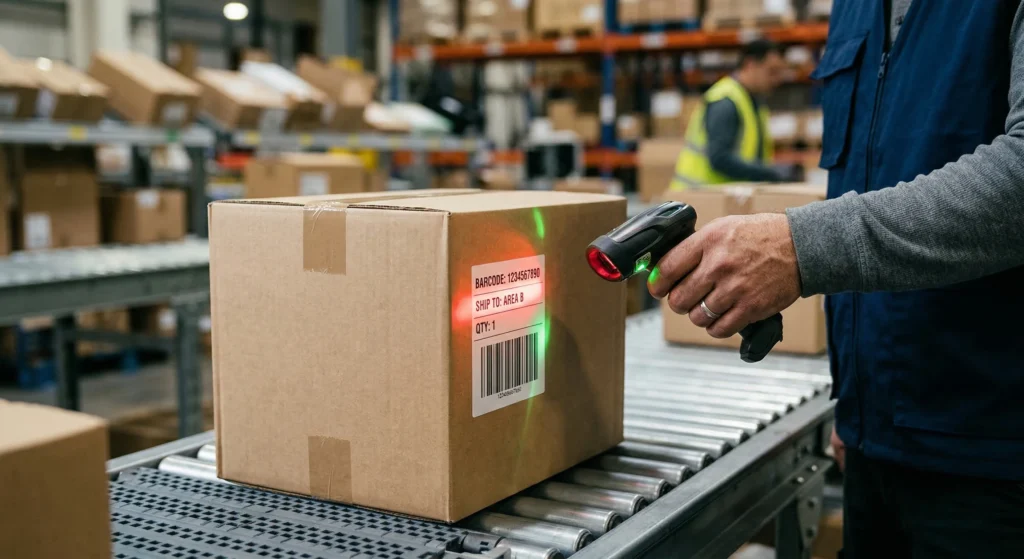 A digital barcode scanner processing a shipping carton on a warehouse conveyor belt.