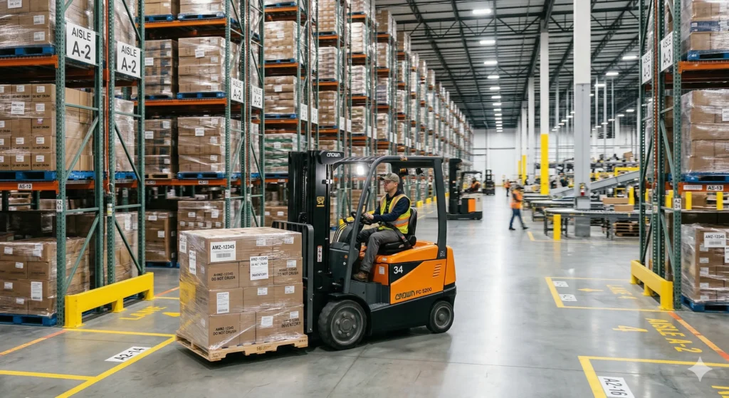 A forklift moving stacked pallets of inventory down a bright warehouse aisle.