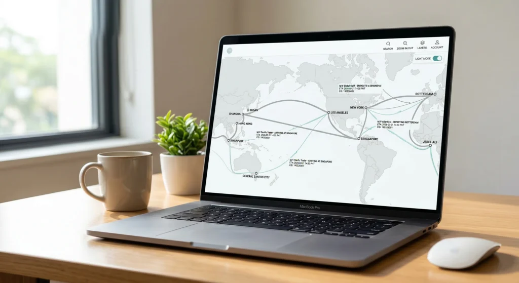 A laptop with digital map displaying active global shipping routes and transit lines.
