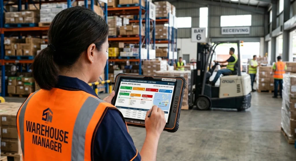A warehouse manager viewing a logistics tracking dashboard on a tablet.