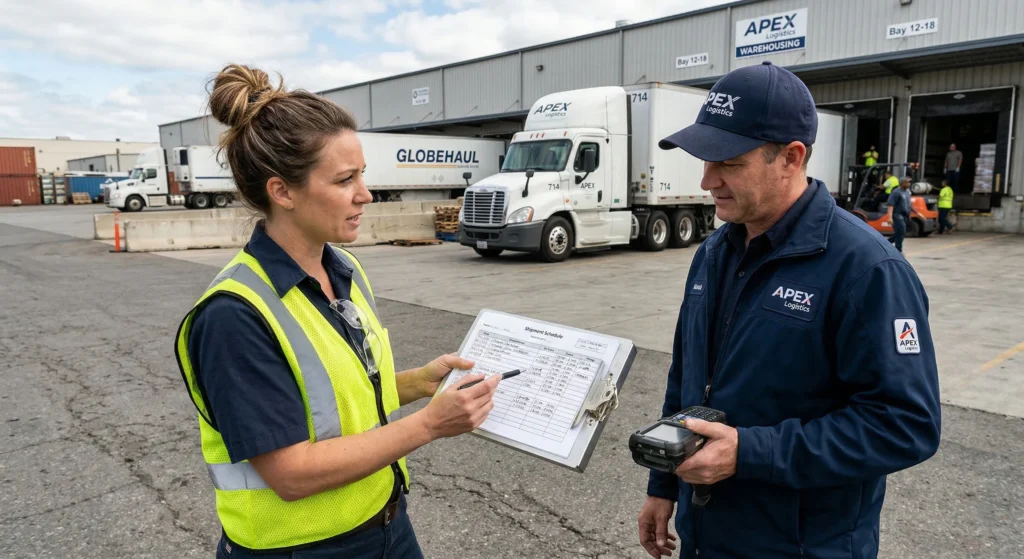 A logistics manager and a driver discussing shipment schedules outside a warehouse.