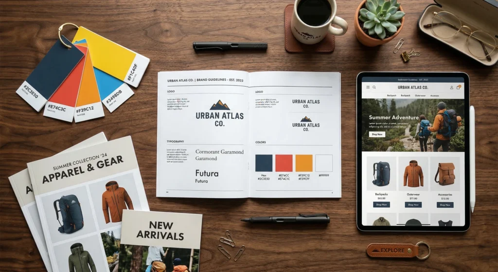 A top-down view of brand guidelines, color swatches, and a tablet displaying a storefront.