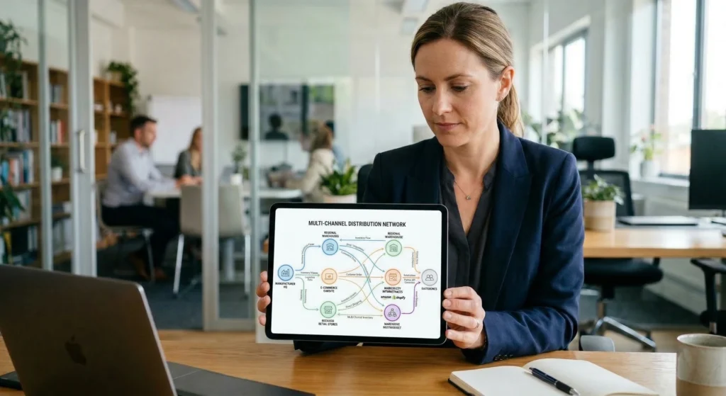 A professional holding a tablet displaying a multi-channel distribution network diagram.