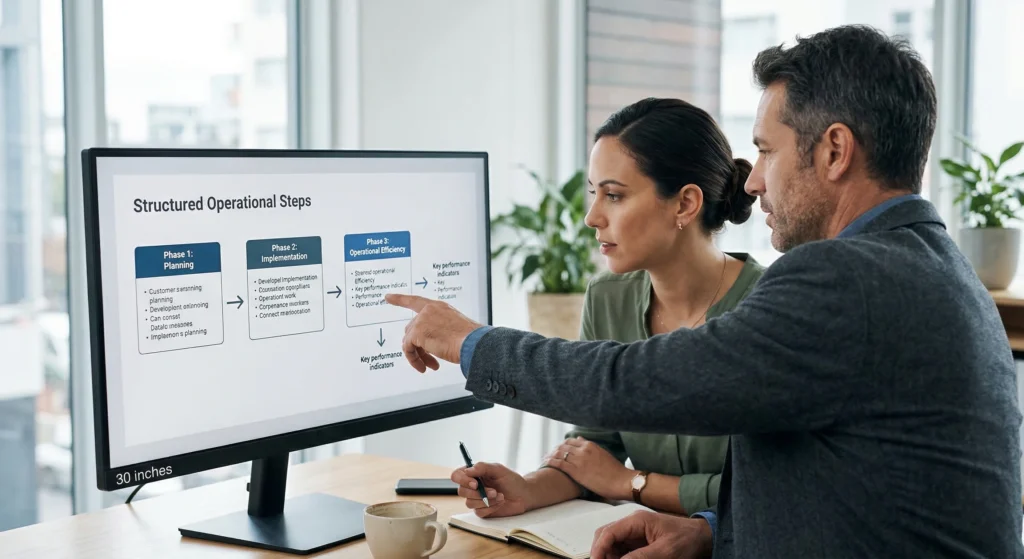 A consultant and a client reviewing a shared operational blueprint on a monitor.