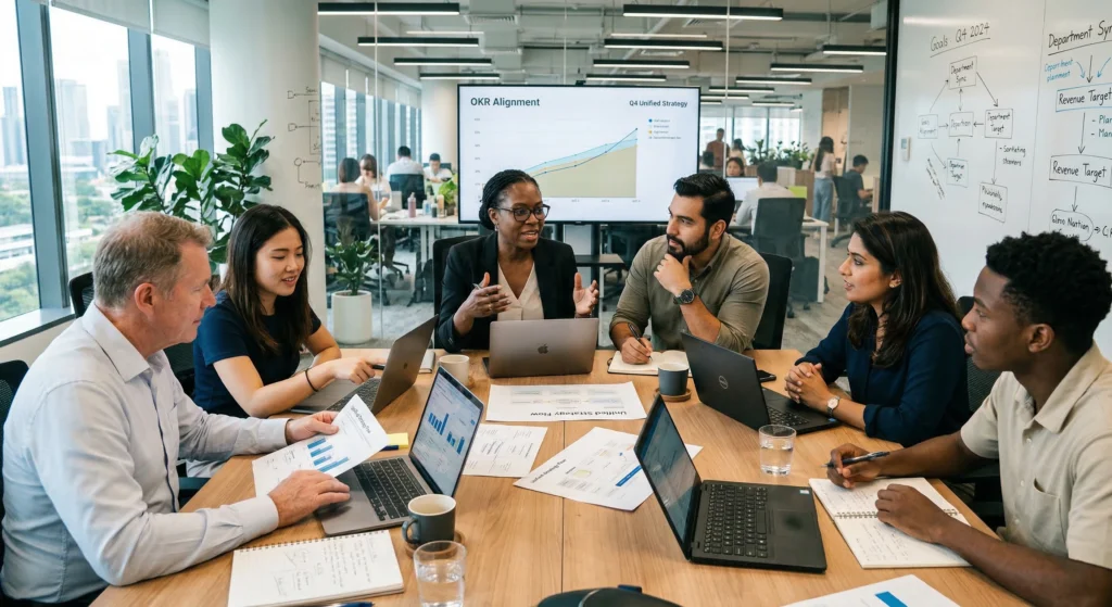 A diverse team collaborating around an interactive digital table in a modern workspace.