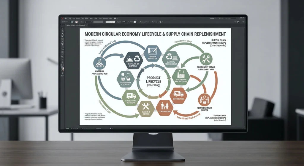 A computer screen showing a circular diagram of product lifecycles and replenishment strategies.