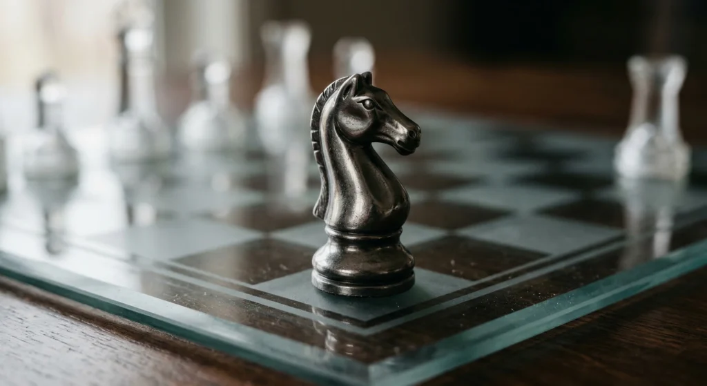 A modern chess knight piece on a glass board representing strategic planning.