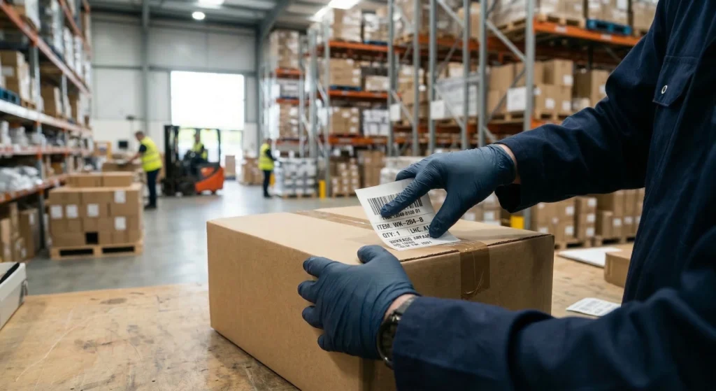 A warehouse worker applying a compliance barcode label to a cardboard box.