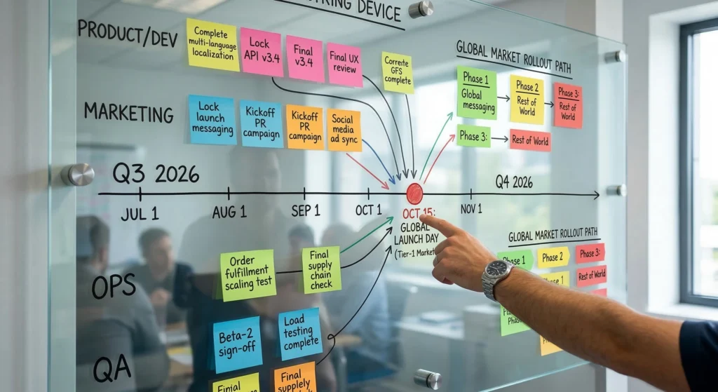 A glass whiteboard filled with sticky notes and timelines for a product launch strategy.