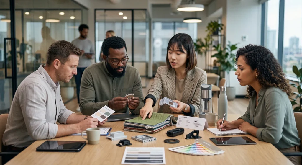 A team of professionals evaluating product prototypes and samples at a conference table.