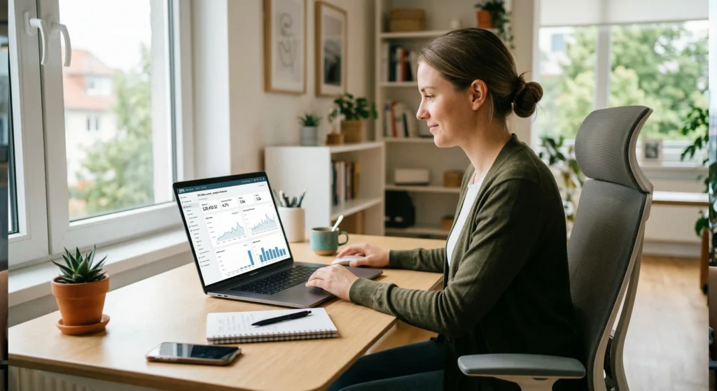 An e-commerce professional reviewing account dashboards on a laptop in a well-lit office.